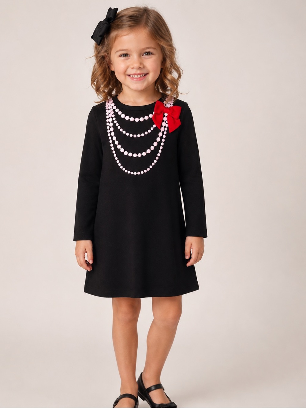 Kate Spade Girls Black Trompe L'oeil Pearl Necklace Dress Bow EUC
